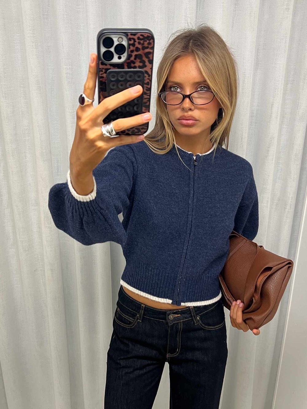 Princess Polly Navy Zip-Front Crew Sweater with White Trim